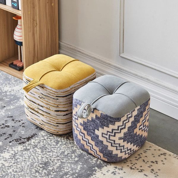 Contemporary Boho Flannel Cube Solid Wood Frame Stackable Low Stool For Living Room - Image 2
