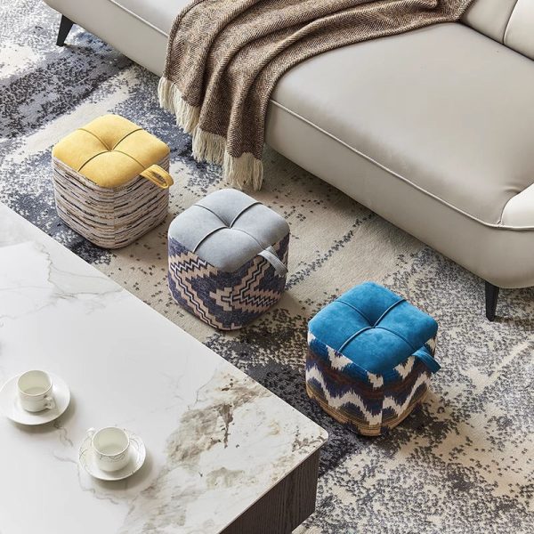 Contemporary Boho Flannel Cube Solid Wood Frame Stackable Low Stool For Living Room - Image 15
