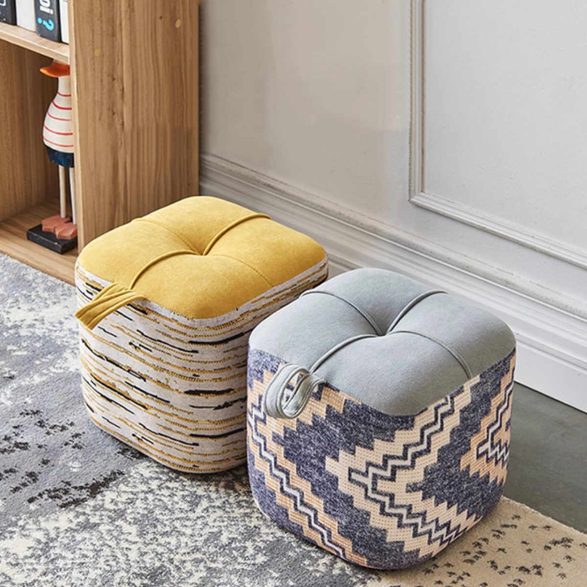Contemporary Boho Flannel Cube Solid Wood Frame Stackable Low Stool For Living Room - Image 11