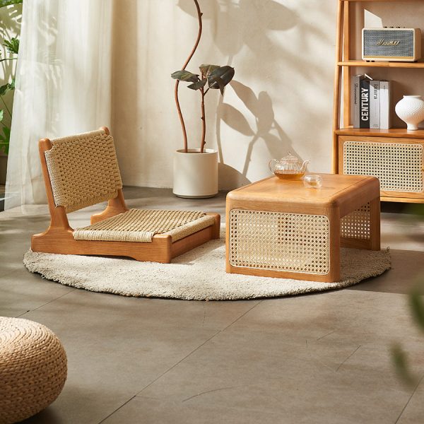 Traditional Japanese Tatami Braided Rope Solid Wood Frame Square Lounge Chair Backrest For Living Room - Image 9