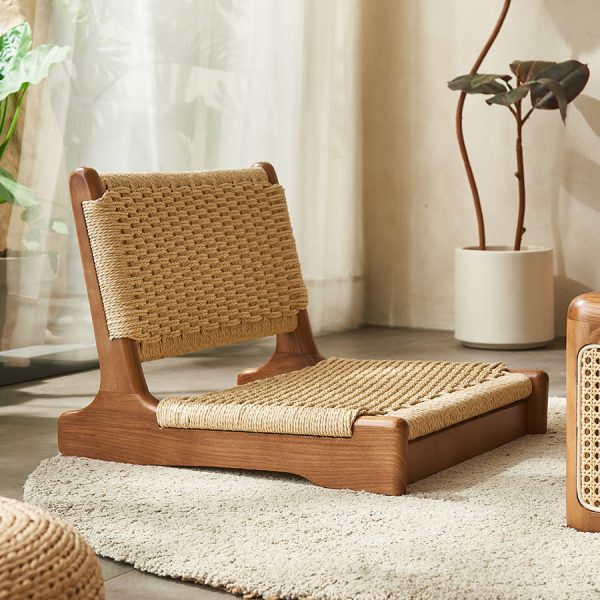 Traditional Japanese Tatami Braided Rope Solid Wood Frame Square Lounge Chair Backrest For Living Room