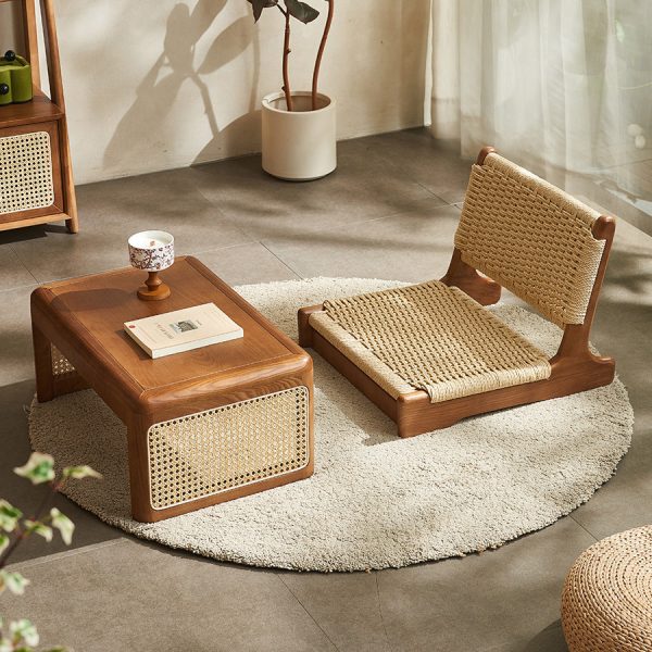 Traditional Japanese Tatami Braided Rope Solid Wood Frame Square Lounge Chair Backrest For Living Room - Image 8