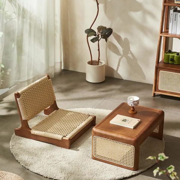 Traditional Japanese Tatami Braided Rope Solid Wood Frame Square Lounge Chair Backrest For Living Room - Image 11