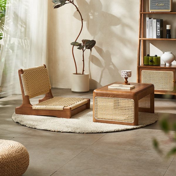 Traditional Japanese Tatami Braided Rope Solid Wood Frame Square Lounge Chair Backrest For Living Room - Image 12