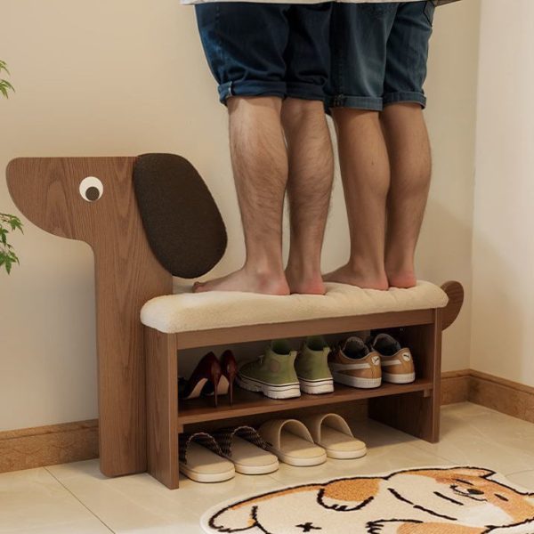 Contemporary Creative Puppy Design Rectangular Flannel Solid Wood Footstool Bench 2-Tier For Living Room - Image 14