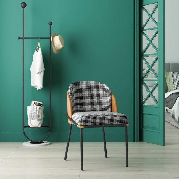 Contemporary Scandinavian Curved Houndstooth Linen Upholstered Dining Chair Leather Backrest For Dining Room - Image 2