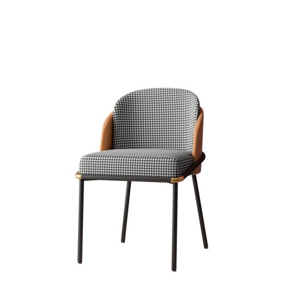 Contemporary Scandinavian Curved Houndstooth Linen Upholstered Dining Chair Leather Backrest For Dining Room - Image 14