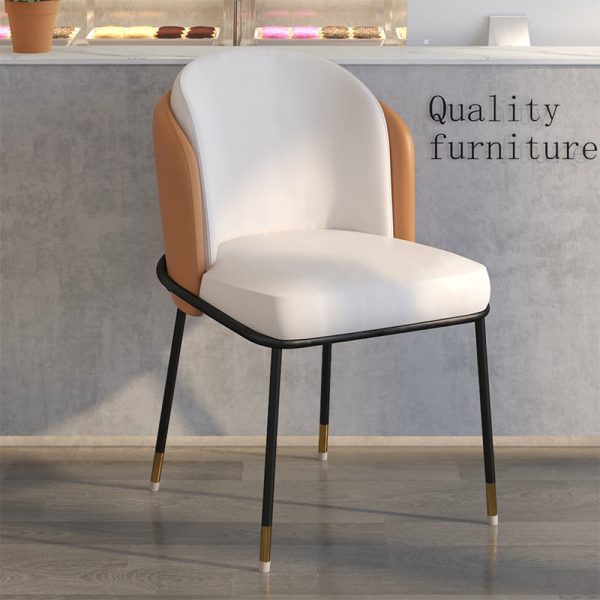 Contemporary Scandinavian Curved Houndstooth Linen Upholstered Dining Chair Leather Backrest For Dining Room - Image 4