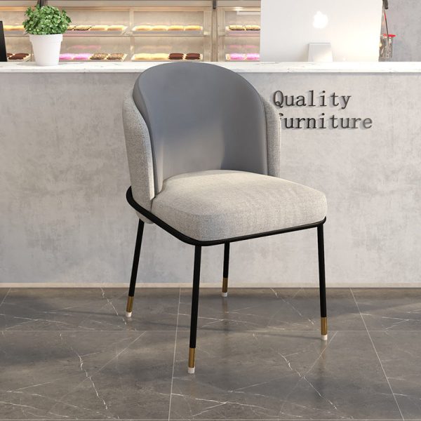 Contemporary Scandinavian Curved Houndstooth Linen Upholstered Dining Chair Leather Backrest For Dining Room - Image 6