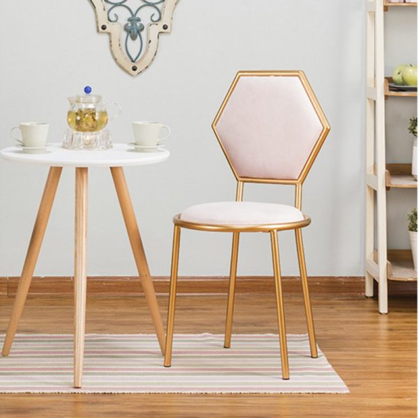 Traditional French Round Velvet Upholstered Metal Frame Vanity Stool Hexagonal Back For Bedroom
