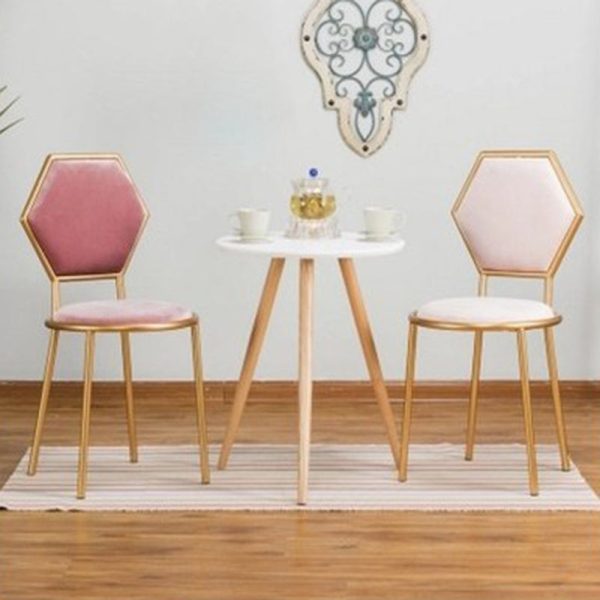 Traditional French Round Velvet Upholstered Metal Frame Vanity Stool Hexagonal Back For Bedroom - Image 5