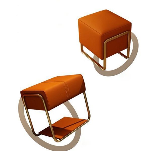 Contemporary Scandinavian Rectangular Square Leather Wood Vanity Stool For Bedroom - Image 8