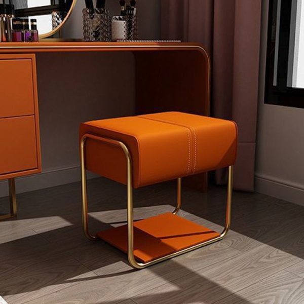 Contemporary Scandinavian Rectangular Square Leather Wood Vanity Stool For Bedroom - Image 2