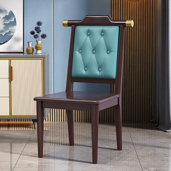 Traditional Chinese Square Wood Leather Dining Chair Backrest For Dining Room - Image 3
