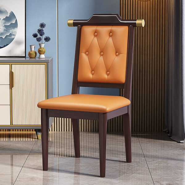 Traditional Chinese Square Wood Leather Dining Chair Backrest For Dining Room - Image 11