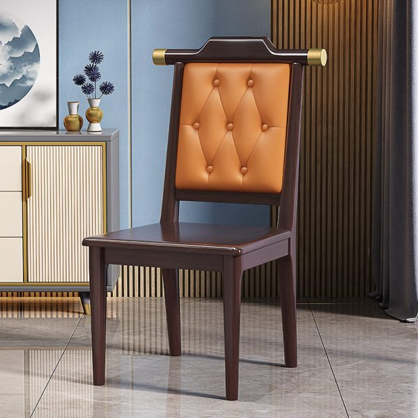 Traditional Chinese Square Wood Leather Dining Chair Backrest For Dining Room - Image 13