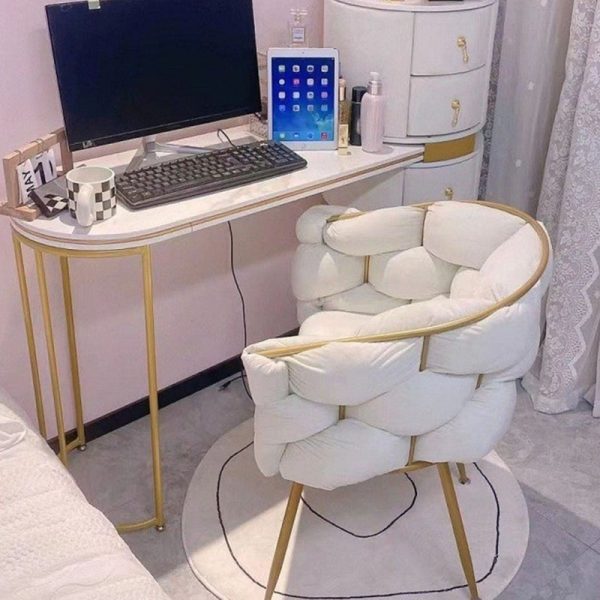 Modern Art Deco Bubble Curved Metal Fabric Vanity Stool Backrest Armrest For Bedroom - Image 2