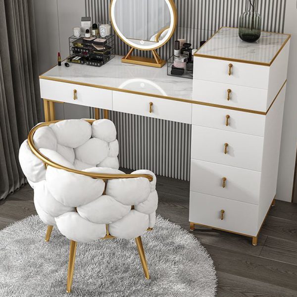 Modern Art Deco Bubble Curved Metal Fabric Vanity Stool Backrest Armrest For Bedroom - Image 3