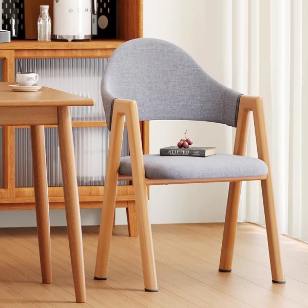 Modern Minimalist A-Shape Square Curve Wood Leather Cotton Linen Dining Chair For Dining Room - Image 7