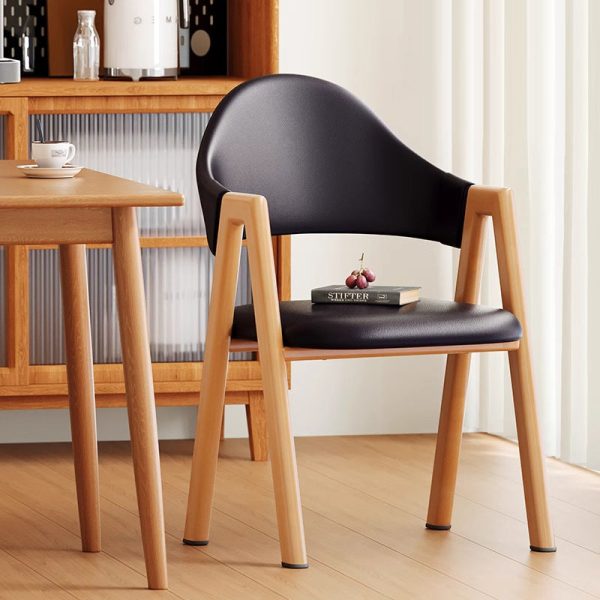 Modern Minimalist A-Shape Square Curve Wood Leather Cotton Linen Dining Chair For Dining Room - Image 2