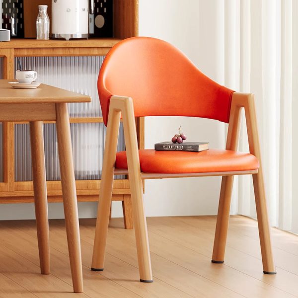Modern Minimalist A-Shape Square Curve Wood Leather Cotton Linen Dining Chair For Dining Room - Image 13