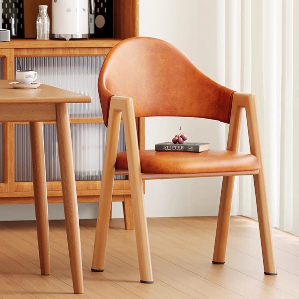 Modern Minimalist A-Shape Square Curve Wood Leather Cotton Linen Dining Chair For Dining Room - Image 17