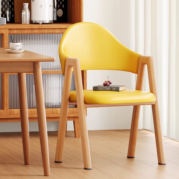 Modern Minimalist A-Shape Square Curve Wood Leather Cotton Linen Dining Chair For Dining Room - Image 18