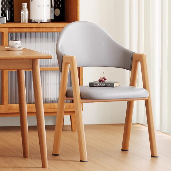 Modern Minimalist A-Shape Square Curve Wood Leather Cotton Linen Dining Chair For Dining Room - Image 20