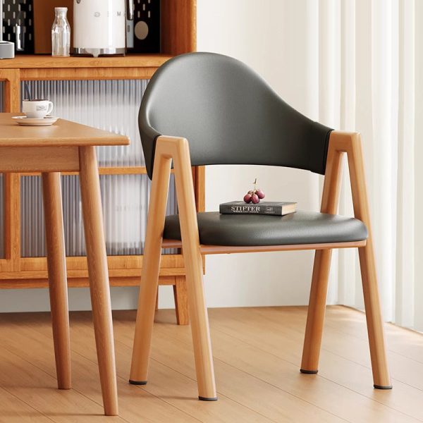 Modern Minimalist A-Shape Square Curve Wood Leather Cotton Linen Dining Chair For Dining Room - Image 15