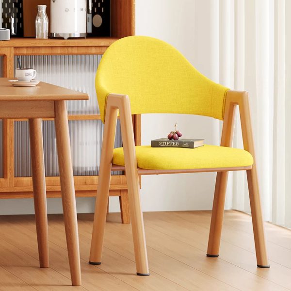 Modern Minimalist A-Shape Square Curve Wood Leather Cotton Linen Dining Chair For Dining Room - Image 4