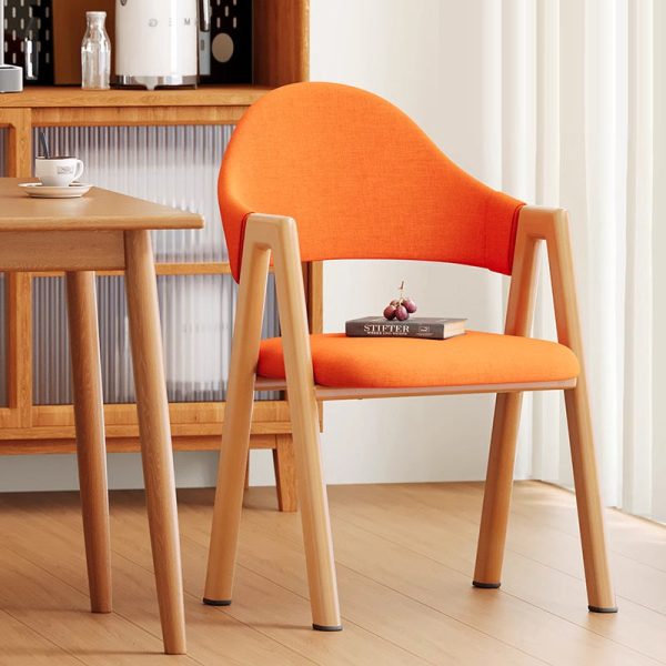 Modern Minimalist A-Shape Square Curve Wood Leather Cotton Linen Dining Chair For Dining Room - Image 5