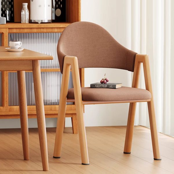 Modern Minimalist A-Shape Square Curve Wood Leather Cotton Linen Dining Chair For Dining Room - Image 6
