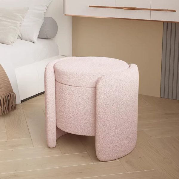 Contemporary Nordic Cream Storable Round Cylinder Wood Lambswool Vanity Stool For Bedroom - Image 2