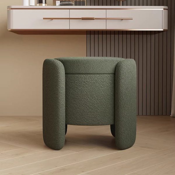 Contemporary Nordic Cream Storable Round Cylinder Wood Lambswool Vanity Stool For Bedroom - Image 10