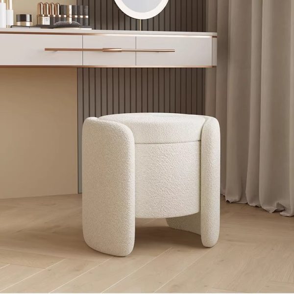 Contemporary Nordic Cream Storable Round Cylinder Wood Lambswool Vanity Stool For Bedroom - Image 13