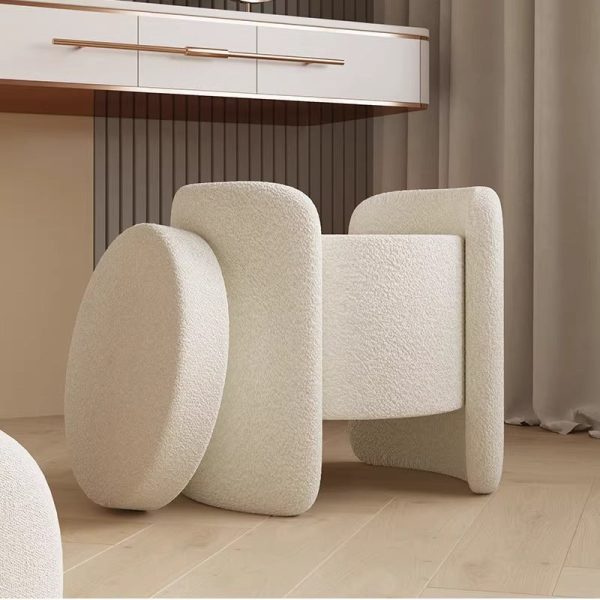 Contemporary Nordic Cream Storable Round Cylinder Wood Lambswool Vanity Stool For Bedroom - Image 15