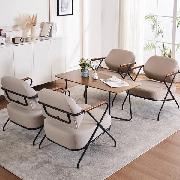 Contemporary Scandinavian Square Metal Leather Accent Chair Backrest Armrest For Living Room - Image 2