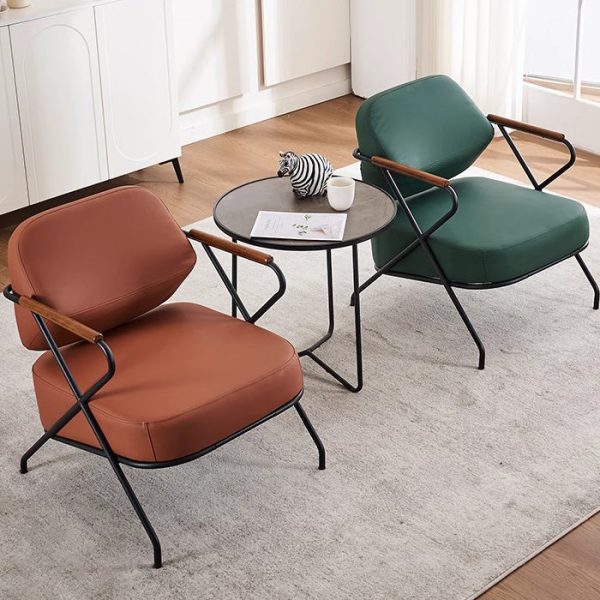 Contemporary Scandinavian Square Metal Leather Accent Chair Backrest Armrest For Living Room - Image 3