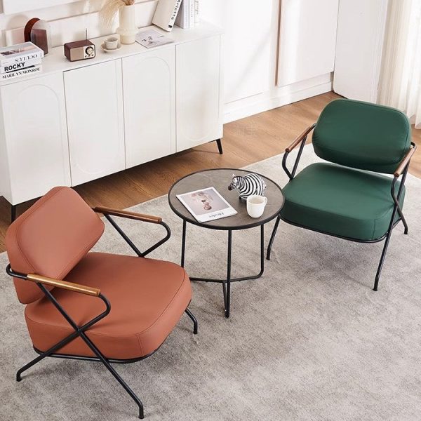 Contemporary Scandinavian Square Metal Leather Accent Chair Backrest Armrest For Living Room - Image 16