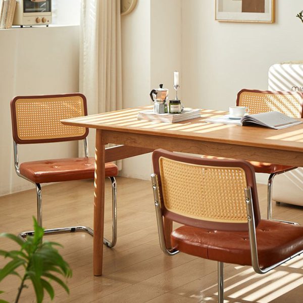 Traditional Vintage Rectangular Cushion Solid Wood Rattan Stainless Steel Dining Chair Backrest For Dining Room - Image 2