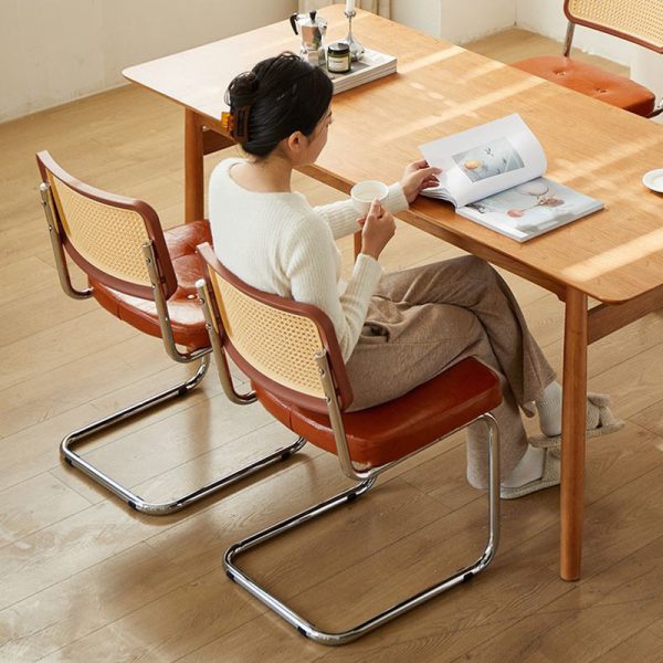 Traditional Vintage Rectangular Cushion Solid Wood Rattan Stainless Steel Dining Chair Backrest For Dining Room - Image 18
