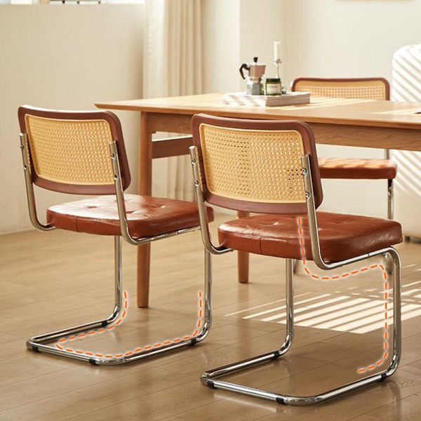 Traditional Vintage Rectangular Cushion Solid Wood Rattan Stainless Steel Dining Chair Backrest For Dining Room - Image 11
