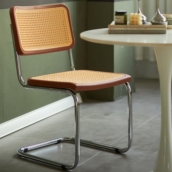 Traditional Vintage Rectangular Cushion Solid Wood Rattan Stainless Steel Dining Chair Backrest For Dining Room - Image 14