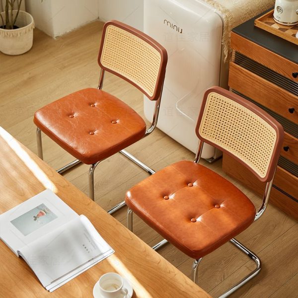 Traditional Vintage Rectangular Cushion Solid Wood Rattan Stainless Steel Dining Chair Backrest For Dining Room - Image 3