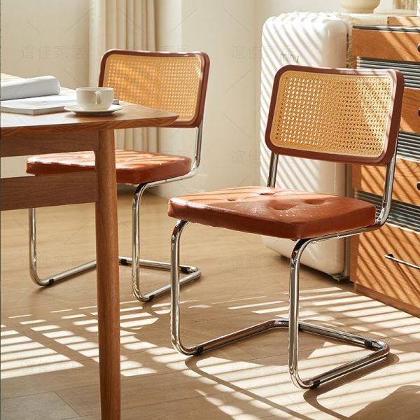 Traditional Vintage Rectangular Cushion Solid Wood Rattan Stainless Steel Dining Chair Backrest For Dining Room - Image 22