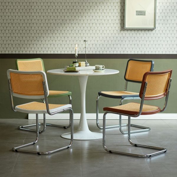 Traditional Vintage Rectangular Cushion Solid Wood Rattan Stainless Steel Dining Chair Backrest For Dining Room - Image 10