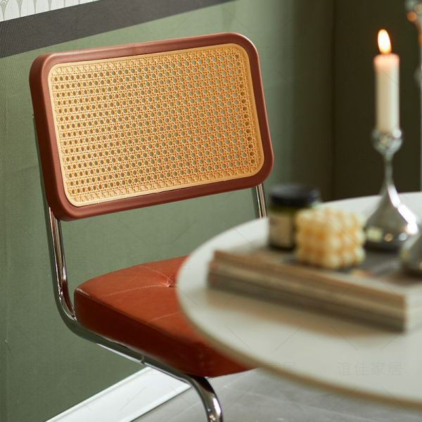 Traditional Vintage Rectangular Cushion Solid Wood Rattan Stainless Steel Dining Chair Backrest For Dining Room - Image 9