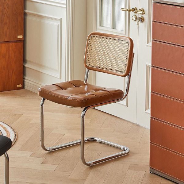 Traditional Vintage Rectangular Cushion Solid Wood Rattan Stainless Steel Dining Chair Backrest For Dining Room - Image 24