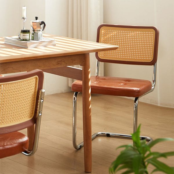 Traditional Vintage Rectangular Cushion Solid Wood Rattan Stainless Steel Dining Chair Backrest For Dining Room - Image 17