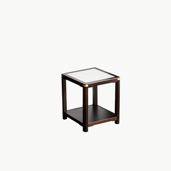 Traditional Vintage Square Tabletop Solid Wood Rock Slab Side Table 1-Shelf For Living Room - Image 21